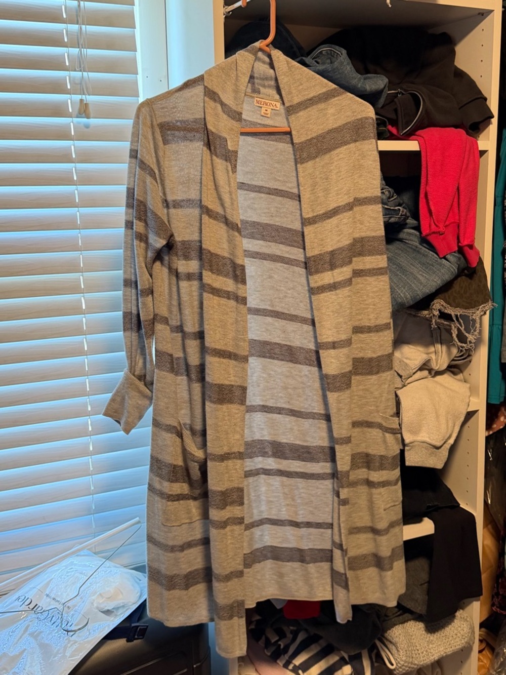 Women Gray Striped Open-Front Women's Cardigan